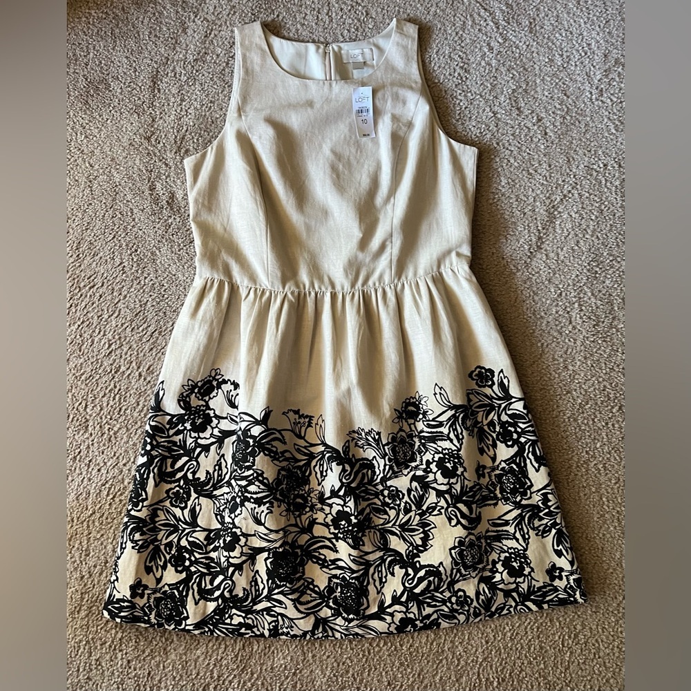 NWT Ann Taylor LOFT Beige & Black Floral Linen Blend Sleeveless Dress Size 10 - Picture 2 of 11
